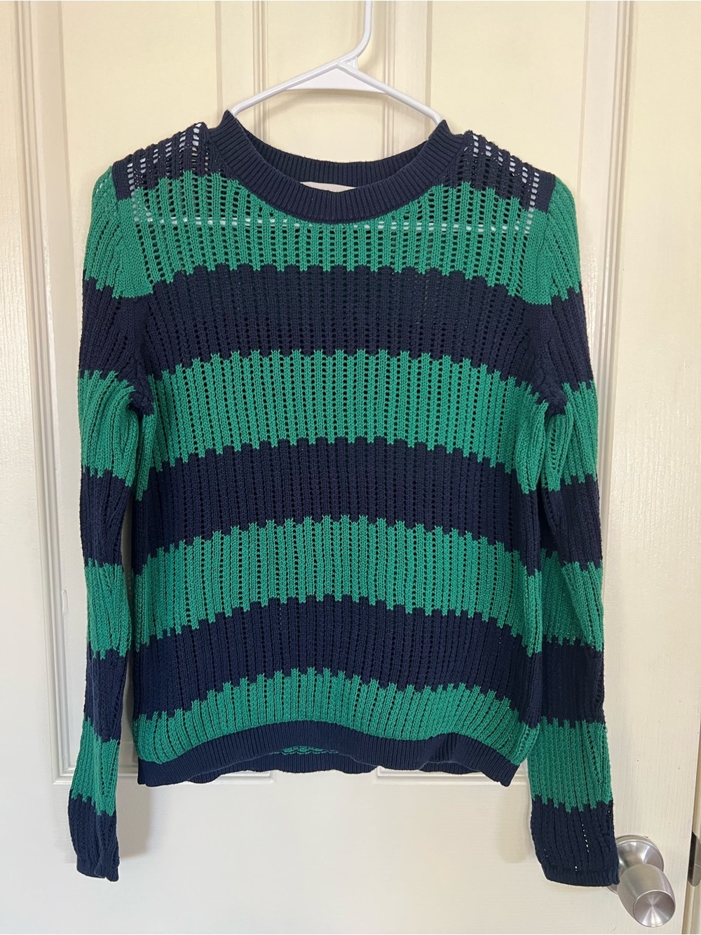 LOFT Green & Navy Striped Open Knit Cotton Sweater Size Medium